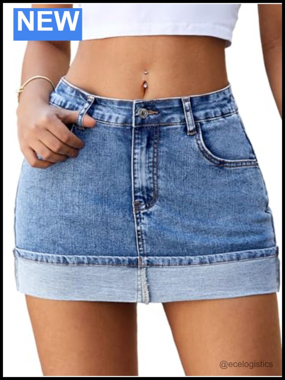 High Stretch Mini Denim Skort with Built-in Shorts Mid Rise Cuffed Hem